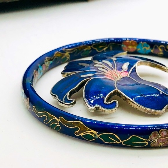 Vintage Blue Floral Cloisonné Bracelet & Brooch - Picture 4 of 6